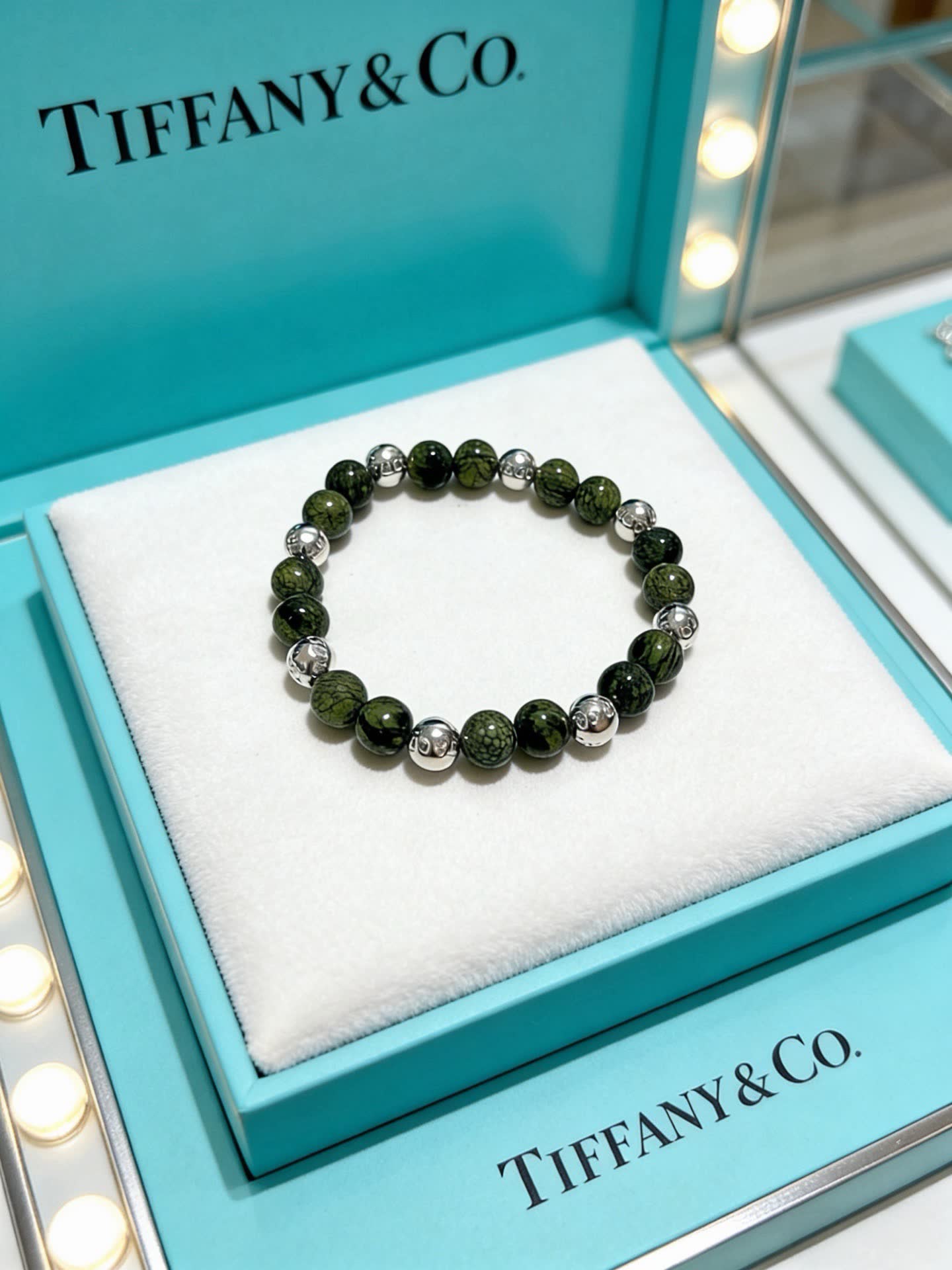 Tiffany & Co Green Stone Beaded Bracelet with Silver Accents